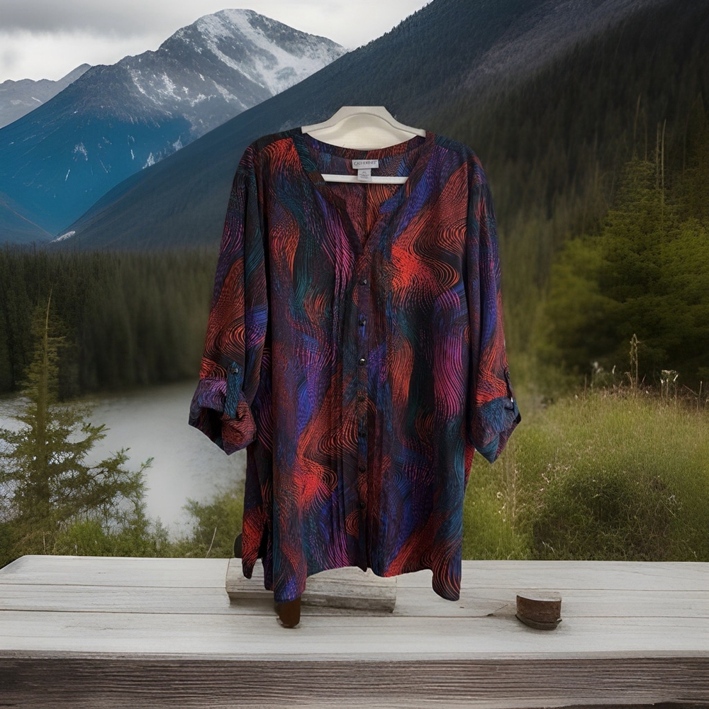 Catherines 4X Vibrant Dressy Blouse Collarless Button Up Or Wear It Open
